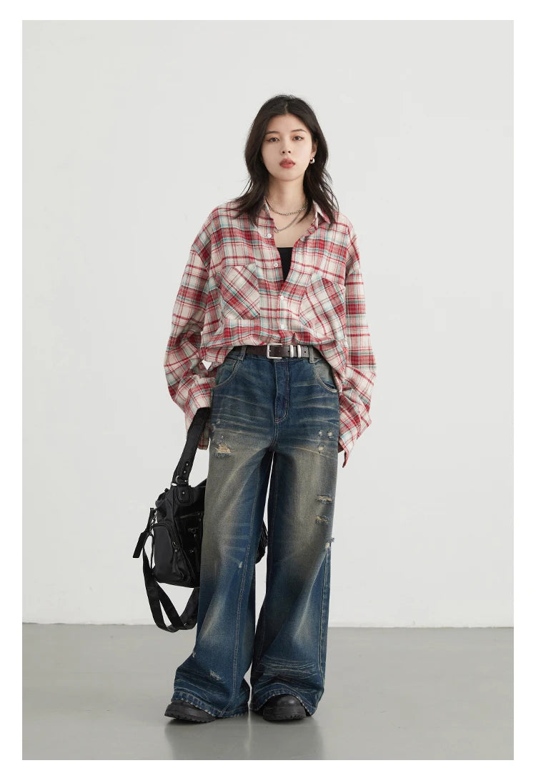 Loose-fit retro plaid blouse